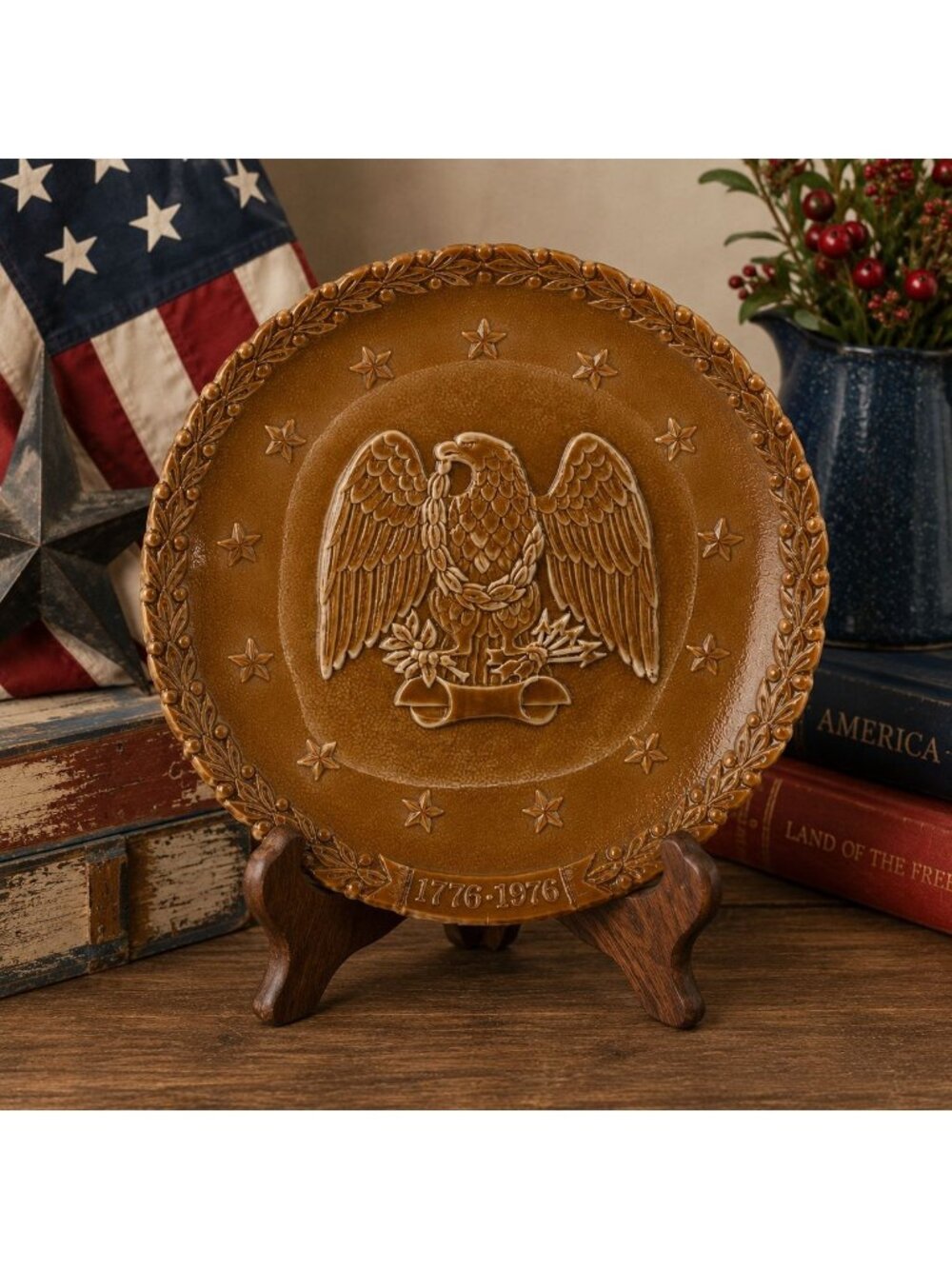 Fenton Bicentennial Eagle Daniel Webster Plate Chocolate Milk Glass Bicentennial